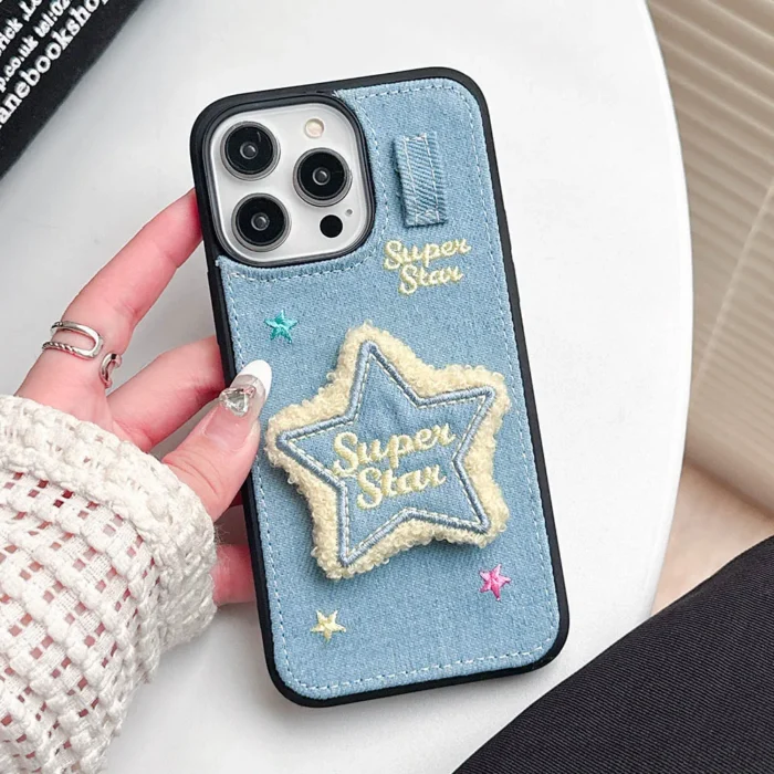 New Embroidery Flower Cover for iPhone: Fashionable Winter Aesthetic Fuzzy Plush Shockproof Case