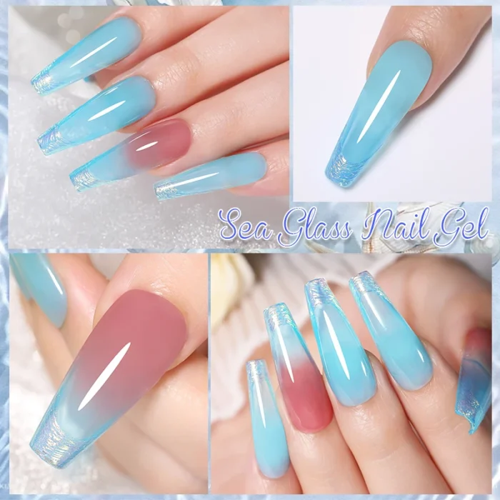 6PCs Jelly Sea Glass Nail Gel Polish Set- 7ML Sea Blue Semi-Transparent, Soak Off UV LED