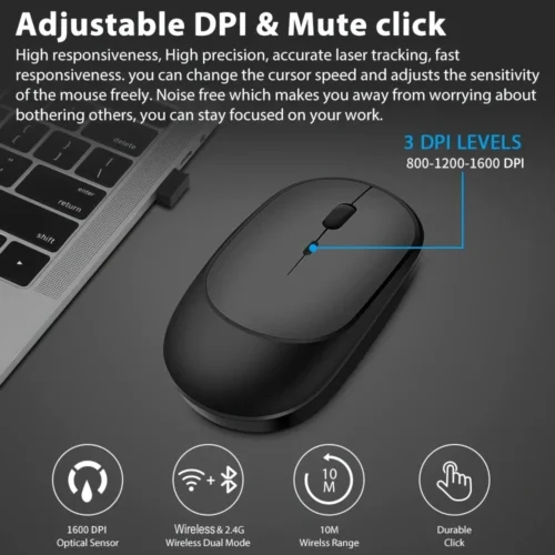 Rechargeable Gaming Mouse, Bluetooth-Compatible, Silent Ergonomic Design for PC, Laptop, and Tablet