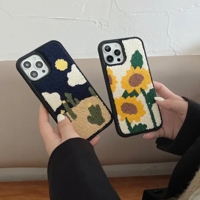Cute Cartoon Embroidery Case For iPhone. Features Sunflower and Cactus Plush Winter Shockproof Cover