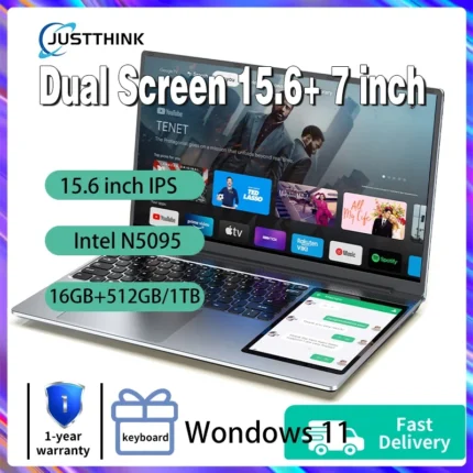 Dual Screen Gaming Laptop: 15.6″ IPS + 7” Touch, Windows 11, Intel Celeron N5095, 16GB RAM, 512GB SSD, Notebook Computer