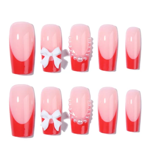 24pcs Red Pearl Bow French Square Fake Nails - Y2K Press-on Nails Set