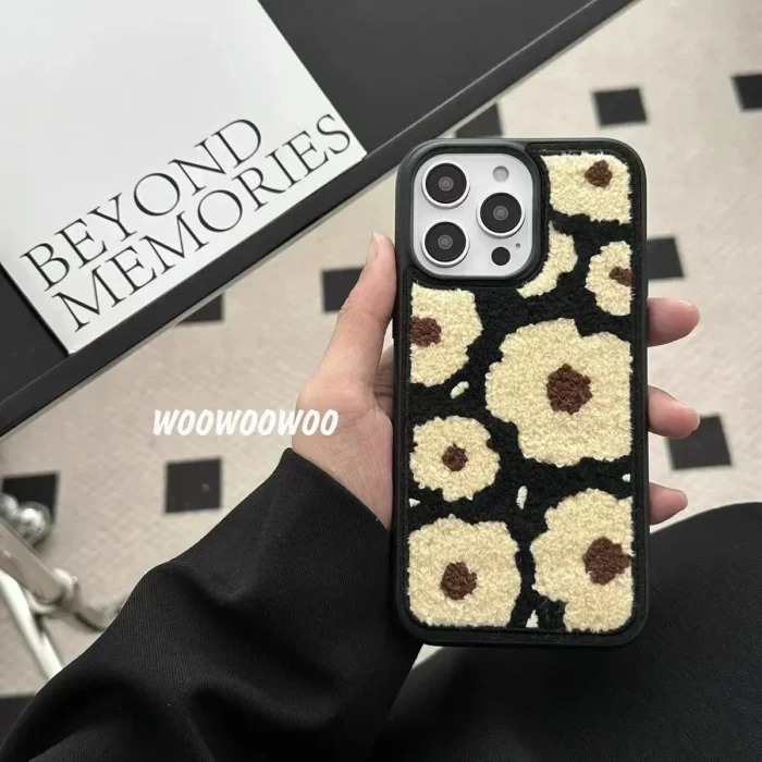 Cartoon Smile Flower Towel Embroidery Case for iPhone: Winter Plush Shockproof Soft Cover