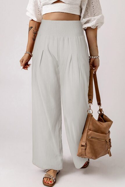 White High-Waist Wide Leg Pants with Smocked Waistband