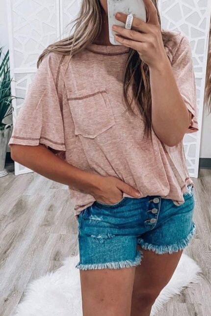 Dusty Pink Loose T-Shirt with Stylish Exposed Seam Detail