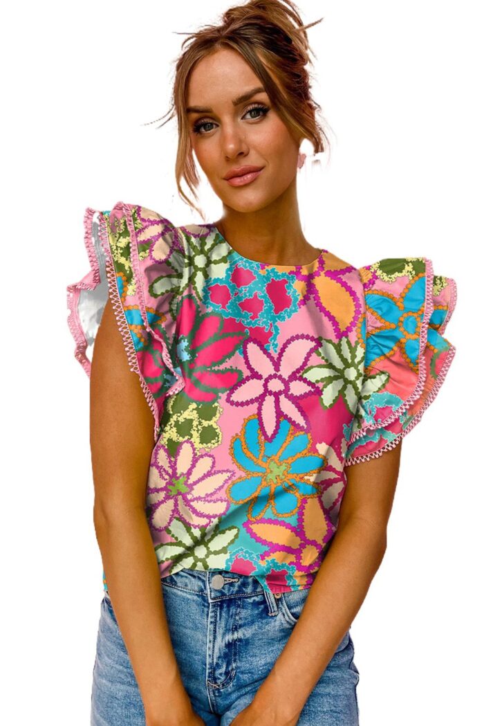 Vibrant Multicolor Floral Print Blouse with Exquisite Ruffle Trimmed Sleeves