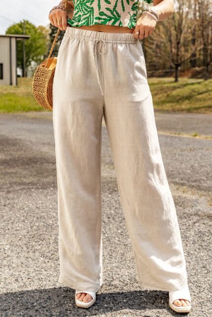 Apricot Linen Loose Pants with Elastic Drawstring Waist