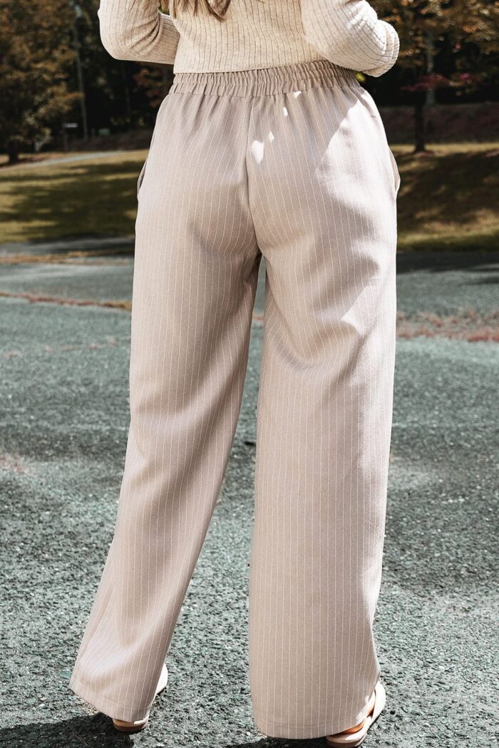 Khaki Stripe Loose Straight Pants with Elastic Waist