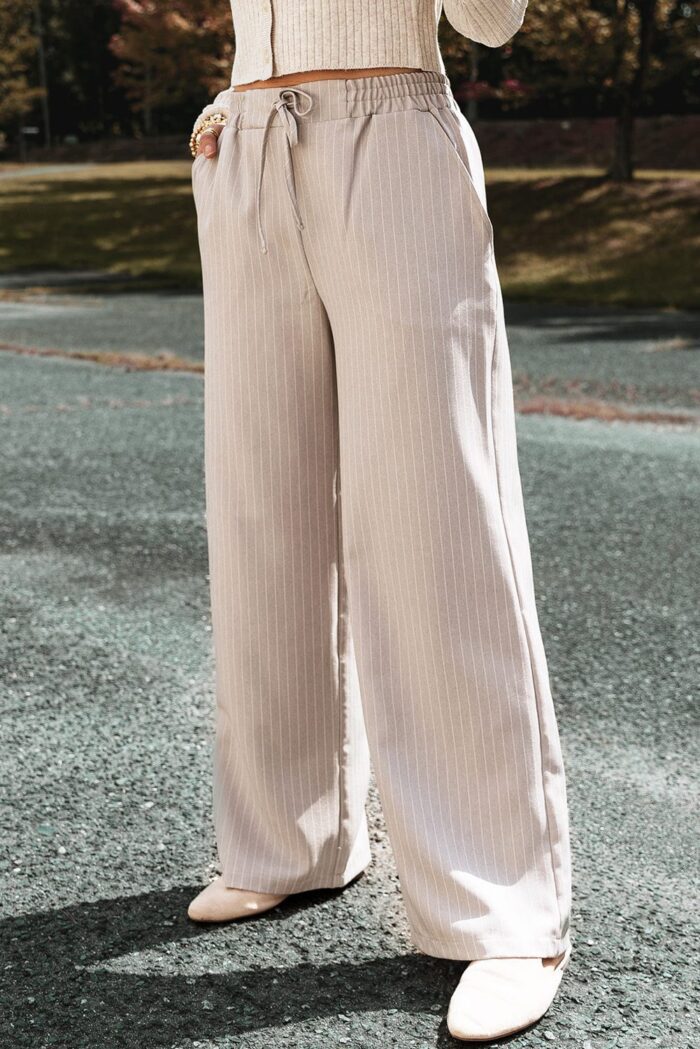Khaki Stripe Loose Straight Pants with Elastic Waist