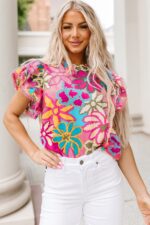 Vibrant Multicolor Floral Print Blouse with Exquisite Ruffle Trimmed Sleeves