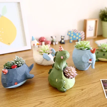 Cute Animal Flower Pots – Dinosaur and Elephant Planters for Succulents, Fairy Garden Ornaments, Home Desktop Decoration