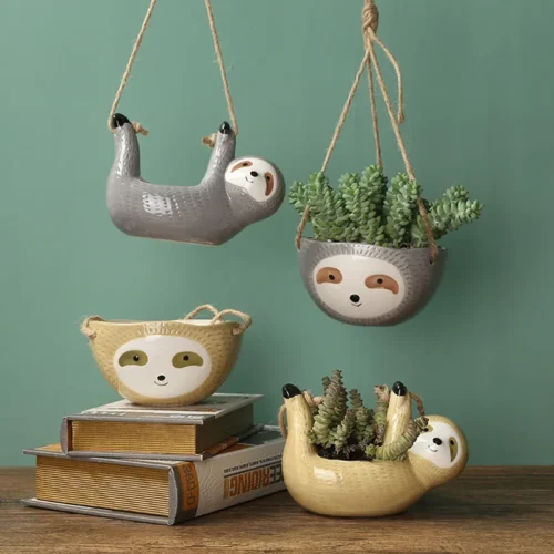 Funny Hanging Sloth Plant Pot – Ceramic Hanging Flower Pot for Succulents and Décor