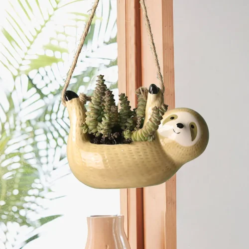 Funny Hanging Sloth Plant Pot – Ceramic Hanging Flower Pot for Succulents and Décor