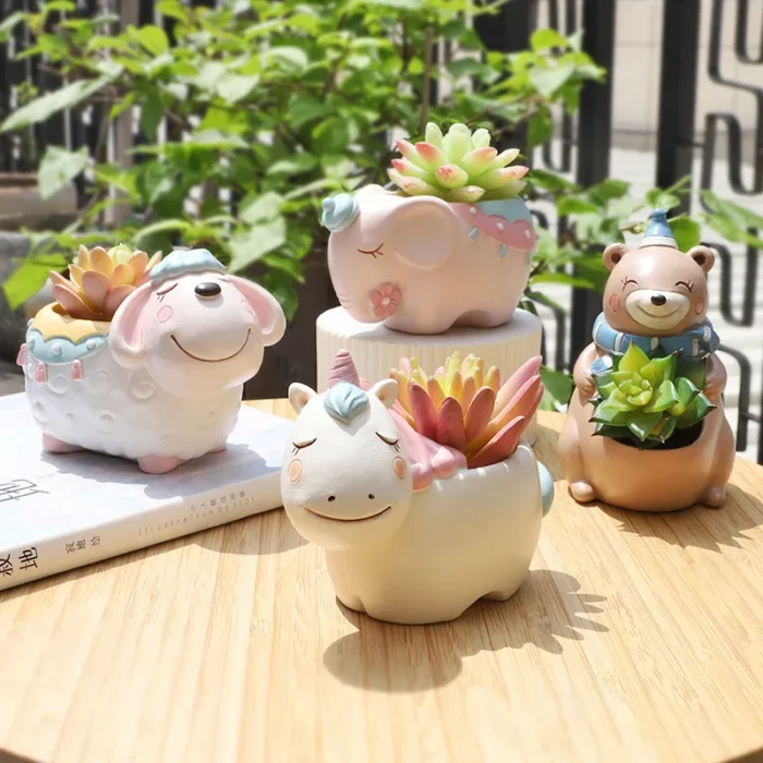 Cartoon Animal Flower Pots – Unicorn, Elephant, Bear Figurines for Succulents and Cactus Plants, Home Tabletop Decor