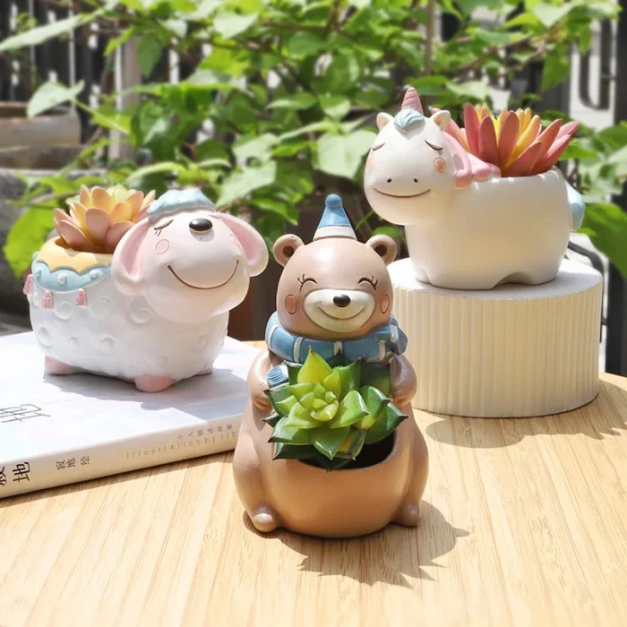 Cartoon Animal Flower Pots – Unicorn, Elephant, Bear Figurines for Succulents and Cactus Plants, Home Tabletop Decor
