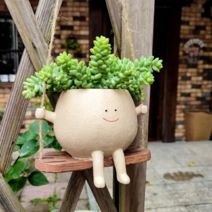 Cute Smiling Face Swing Planter Pot – Resin Succulent Flower Pot, Wall Hanging Garden Decor