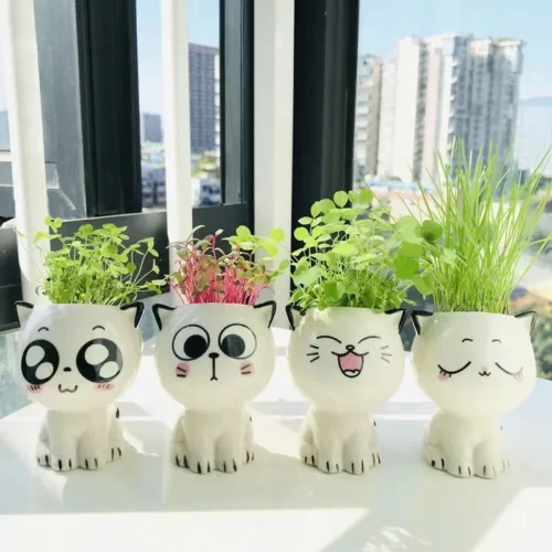 Ceramic Flowerpot – Mini Cat-Shaped Cartoon Cute Potted Plant for Desktop Décor