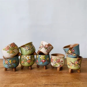 Korean Simple Ceramic Flower Pot – Hand-painted Fresh Thumb Pot, Coarse Pottery, Permeable Peach Egg Succulent Planter