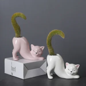 Cartoon Cat Flower Pot Vase: Cute Cat Tail Succulent Planting Pot made of Porcelain