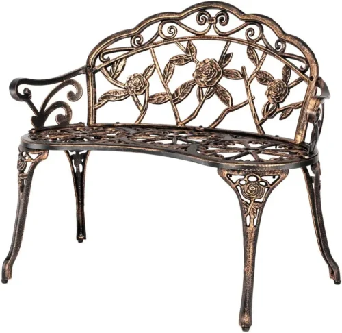 Antique Rose Metal Garden Bench – Outdoor Cast Iron & Aluminum Frame