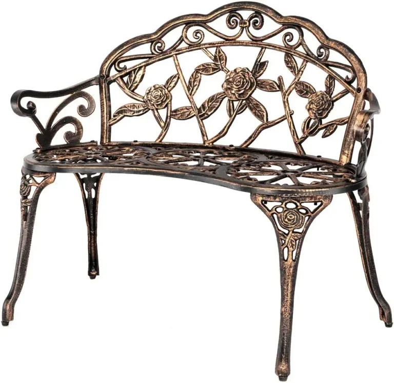 VINGLI 38.5″ Antique Rose Metal Garden Bench – Outdoor Cast Iron & Aluminum Frame