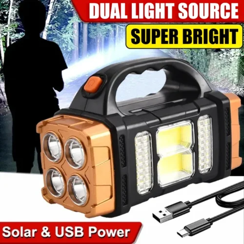 Durable Portable Emergency Rechargeable Flashlight – Solar LED Light with COB Work Light