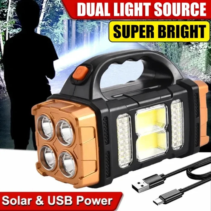 Portable USB Rechargeable Flashlight – Solar LED Light with COB Work Light, 4-Gear Charge, Mobile Phone Charging, Camping Lamp