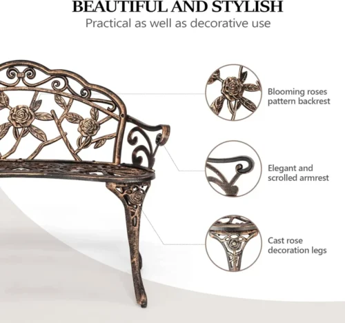 Antique Rose Metal Garden Bench – Outdoor Cast Iron & Aluminum Frame