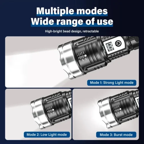 Powerful White LED Flashlight – Torch with Power Display for Outdoor Tactical Use