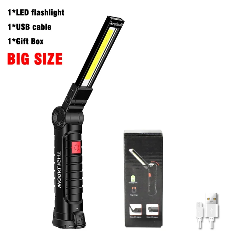 USB Rechargeable COB Work Light – Portable Magnetic Car Repair Torch, LED Red Warning Light, Foldable Outdoor Emergency Flashlight