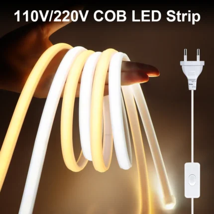 COB LED Strip Lights – 110V/220V, CRI RA90, 288 LEDs/m, Waterproof Flexible Tape with EU Plug for Kitchen, Home, Room Decoration