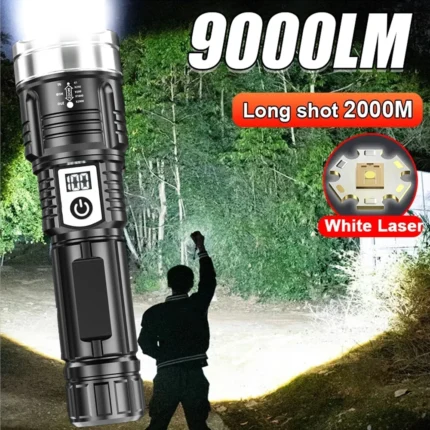 Powerful White Laser LED Flashlight – USB Rechargeable, Built-in Battery, Zoom Torch with Power Display for Outdoor Tactical Use