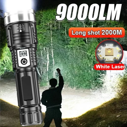 Powerful White LED Flashlight – Torch with Power Display for Outdoor Tactical Use