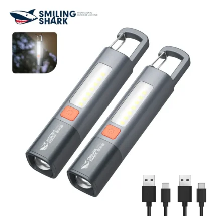 Smiling Shark SD1023 LED Torch Light – XPE Super Bright Flashlight, USB Rechargeable, Zoomable, Waterproof with Hook