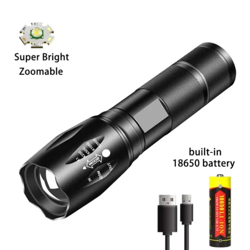 Tactic Bright LED Flashlight – Powerful Aluminum Alloy Portable Torch with USB Charging