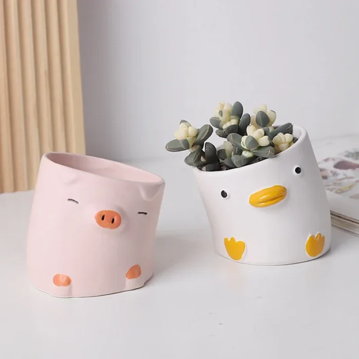 Cute Cartoon Animal Flower Pot – Creative Crooked Duck and Pig Ceramic Planters for Desktop and Balcony Succulents