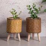 Vintage Planters – Imitation Rattan Flower Stand, Woven Storage Basket with Wooden Legs, Plant Pot Holder and Organizer