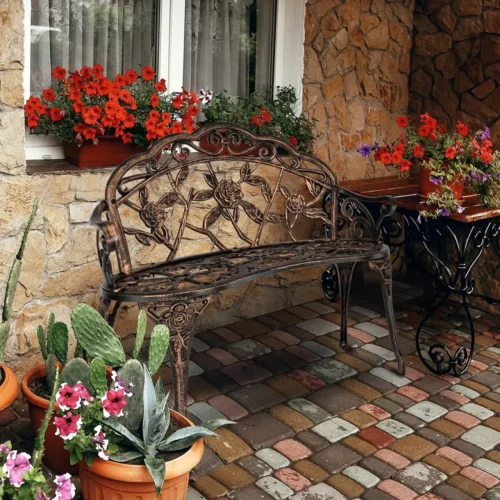 Antique Rose Metal Garden Bench – Outdoor Cast Iron & Aluminum Frame