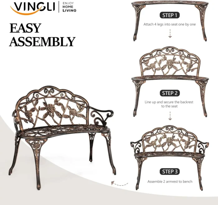 VINGLI 38.5″ Antique Rose Metal Garden Bench – Outdoor Cast Iron & Aluminum Frame
