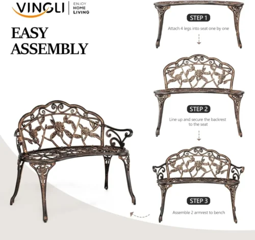 Antique Rose Metal Garden Bench – Outdoor Cast Iron & Aluminum Frame