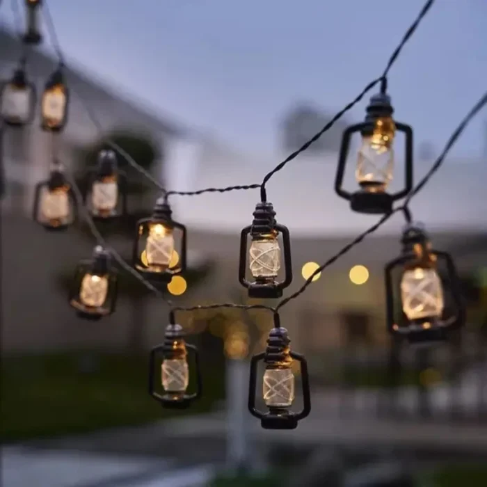 Solar Camping Lantern String Lights – Mini Kerosene Lamp Design, 8 Modes, 5M/6.5M/7.5M for Indoor and Outdoor Garden Holiday Decoration