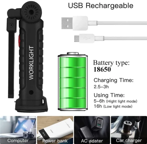 Durable Rechargeable Waterproof Handlamps – Portable Magnetic Car Repair Torch with 5 Modes