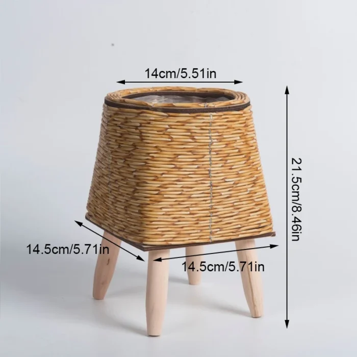 Vintage Planters – Imitation Rattan Flower Stand, Woven Storage Basket with Wooden Legs, Plant Pot Holder and Organizer