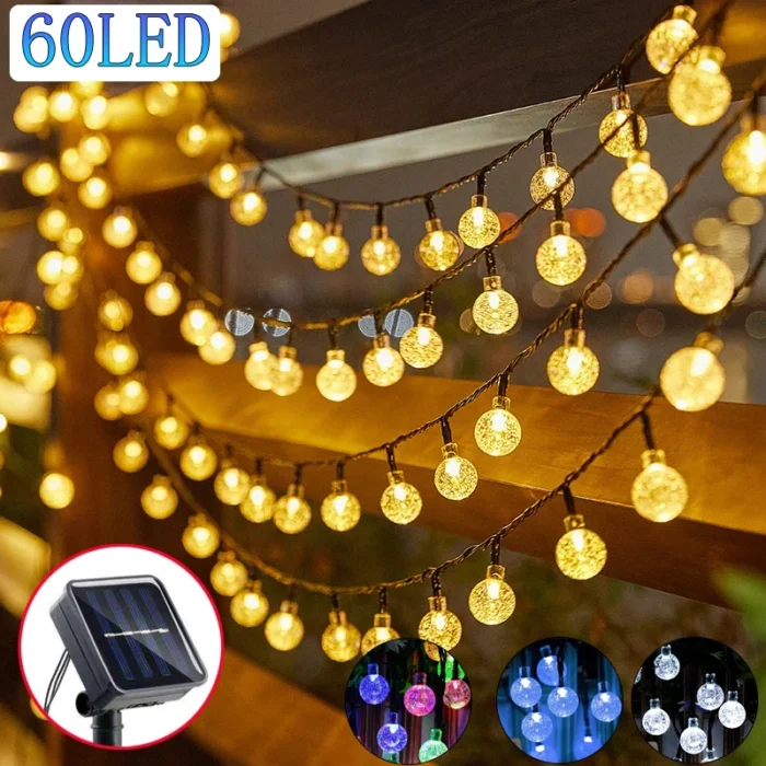 Solar Crystal Globe LED String Lights: 60 LEDs with 8 Lighting Modes, IP65 Fairy Lights for Christmas Garland, Garden Party Decor