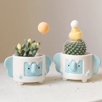 Small Ceramic Animal Flower Pots – Cute Blue Elephant Planter for Mini Succulents, Creative Home Decoration