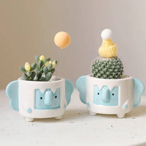 Small Ceramic Flower Pot: Cute Blue Elephant Planter for Mini Succulents