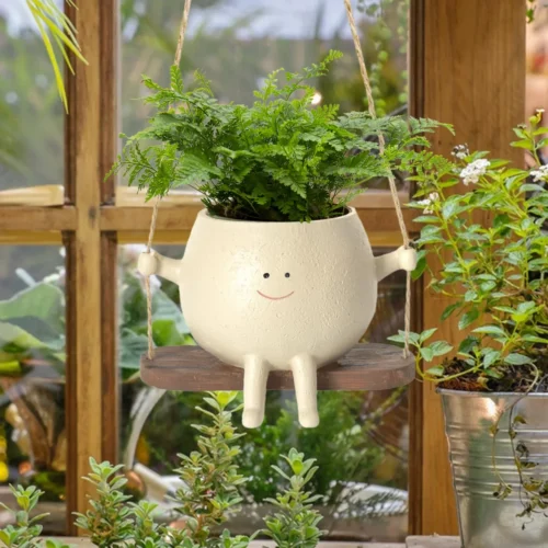 Cute Smiling Swing Small Pot – Resin Succulent Flower Pot, Wall Hanging Garden Decor