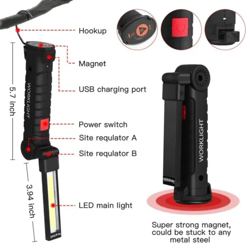 Durable Rechargeable Waterproof Handlamps – Portable Magnetic Car Repair Torch with 5 Modes