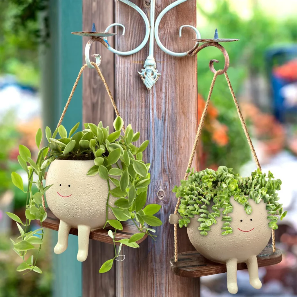 Cute Smiling Face Swing Planter Pot – Resin Succulent Flower Pot, Wall Hanging Garden Decor