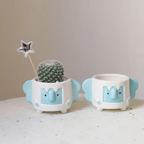 Small Ceramic Flower Pot: Cute Blue Elephant Planter for Mini Succulents